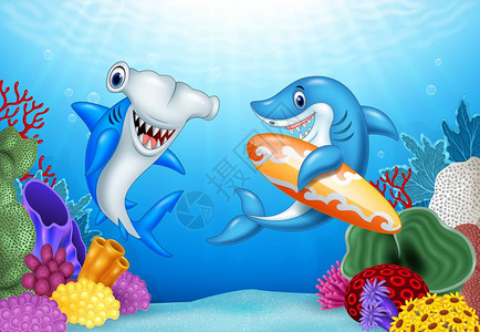 卡通鲨鱼与热带的水下背景图片