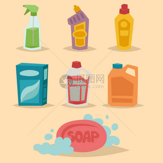 清洁剂瓶化学家务产品护理清洗设备清洗液体平面矢量图图片