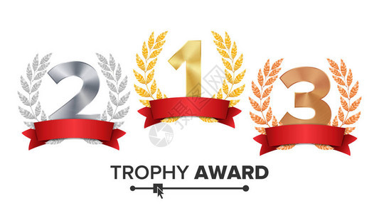 奖杯奖设置的矢量数字123一二三个在现实的金银青铜月桂花环和红丝带得奖者荣誉奖孤立的插图图片