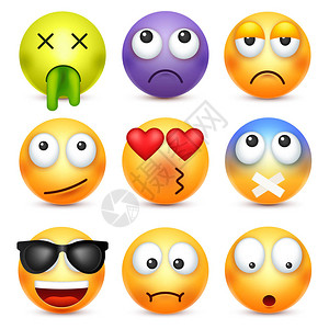 面带笑容表情图标集黄色的脸与情感面部表情3d的真实表情悲伤快乐愤怒的脸有趣的卡通心情Web图标图片