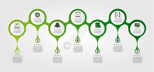 信息图表圈的现代模板用于图形演示业务网页设计报告的模板有7个步骤的彩色图表图片