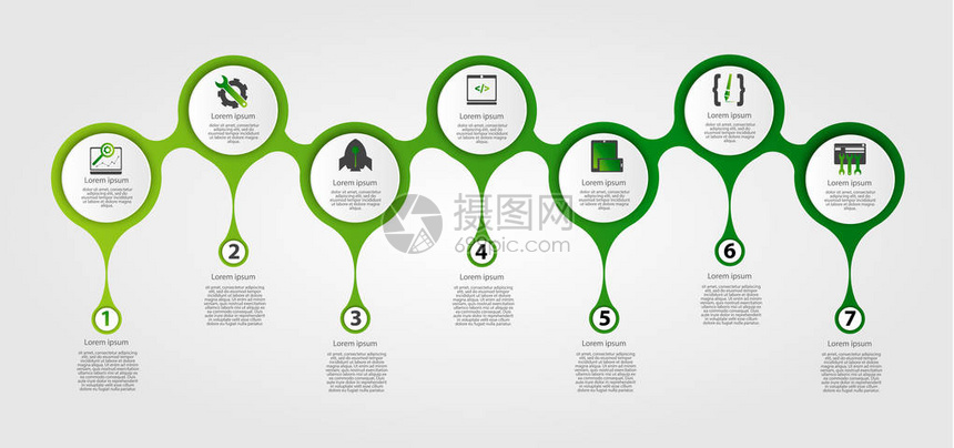 信息图表圈的现代模板用于图形演示业务网页设计报告的模板有7个步骤的彩色图表图片