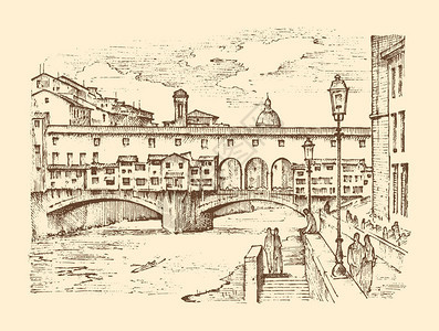 意大利佛罗伦萨欧洲小镇的景观雕刻手绘旧素描和复古风格历史建筑与建筑物图片