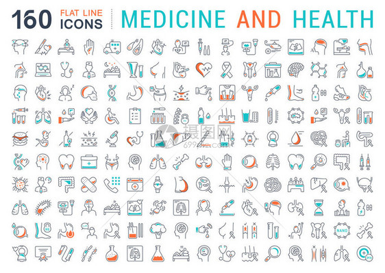 在平面设计和健康中设置矢量线图标符号和符号图片