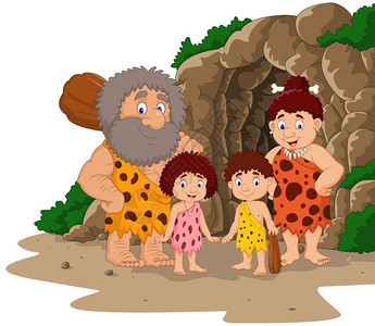 卡通穴居人家庭与洞穴背景图片
