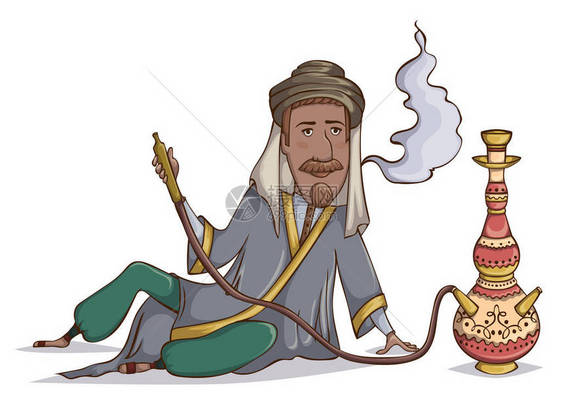 阿拉伯男人烟水烟卡通人物矢量图图片