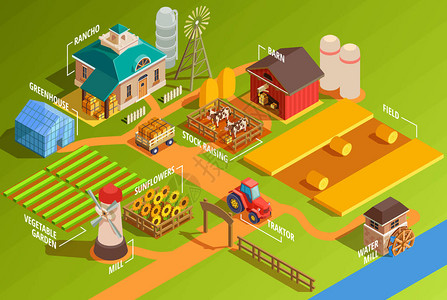 五颜六色的农场等距信息图表与农村建筑农业机械花园和家畜图片