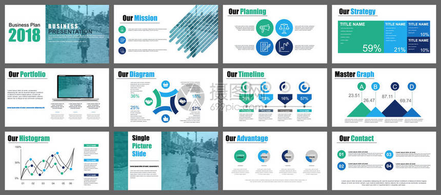 蓝色和绿色的商业演示幻灯片模板来自信息图表元素可用于演示传单和传单小册子营销广告年度报告图片