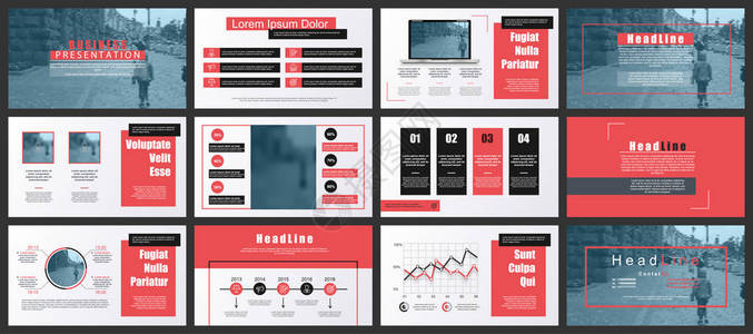 红色和灰色的商业演示幻灯片模板来自信息图表元素可用于演示传单和传单小册子营销广告年度报告图片