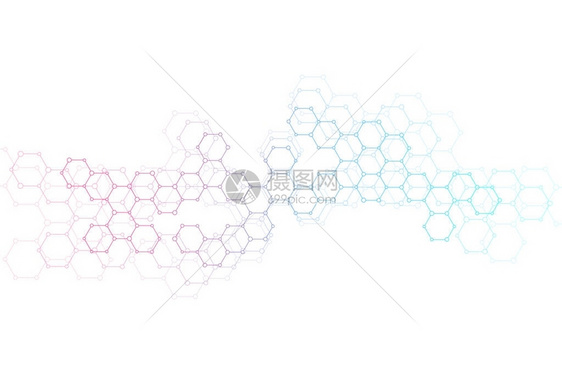 抽象的六角分子遗传和化学合物系统几何图形和带点的连接线科学技术概图片