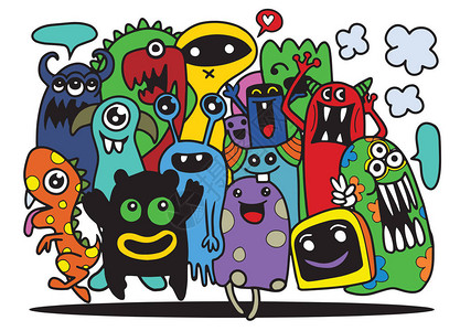 可爱的怪物设置手绘可爱涂鸦怪物组平德背景图片