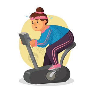 肥胖妇女在体育媒介跑步机上的女自行车健身女孩训练在跑步机上跑步的肥胖妇女孤立的平面卡通插图图片