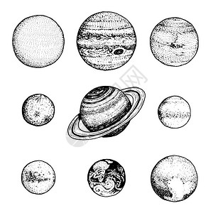 系中的行星月亮和水星和火星和金星木星或土星和冥王星天文星系空间刻在旧素描老式风格的手绘图片
