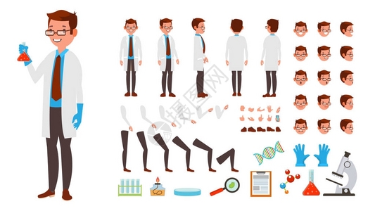 科学家人载体动画角色创建集全长正面侧面背面的看法配件姿势脸的情绪发型手势孤立的平面卡通插图图片