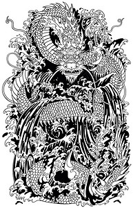 日本水龙是一种传统的神话神兽在海中或河中飞溅黑白纹身风格矢量插图图片