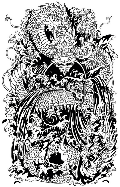 日本水龙是一种传统的神话神兽在海中或河中飞溅黑白纹身风格矢量插图图片
