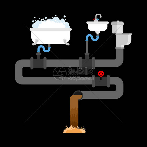 下水道系统在房子里管道和阀门水槽和马桶b图片
