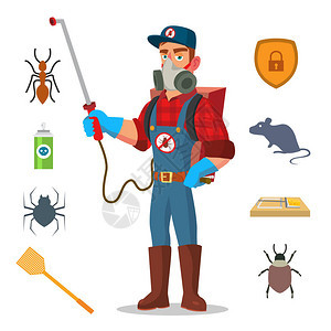 害虫防治载体防止感染微生物防护服抗病菌灭喷洒杀虫剂孤立的平面卡通人物插图图片