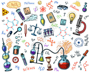 图标集的化学有元素公式原子试管和实验室设备的实验室工作空间和反应研究科学医图片