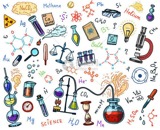 图标集的化学有元素公式原子试管和实验室设备的实验室工作空间和反应研究科学医图片