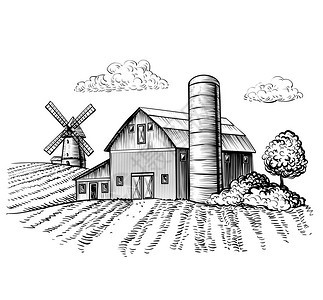 乡村景观农场谷仓和风车素描手绘乡村自然风景的插图农业舍和领域矢量图片
