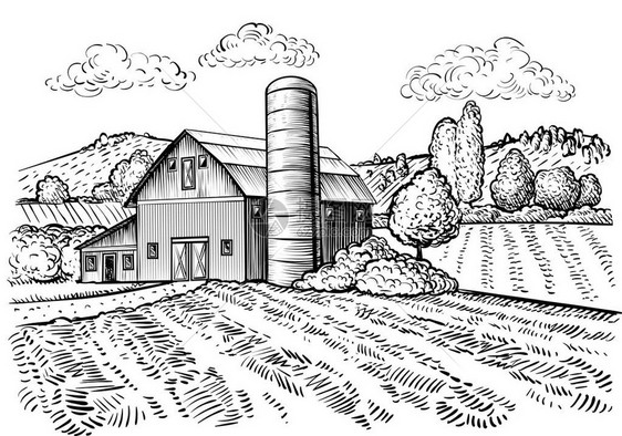 乡村景观农场谷仓和风车素描手绘乡村自然风景的插图农业舍和领域矢量图片