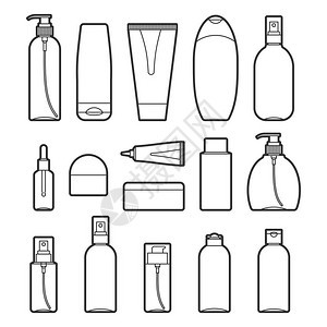 白色背景上的一组矢量化妆品瓶线条样式图标不同形式图片