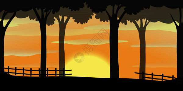剪影场面与日落在橙色天空图片