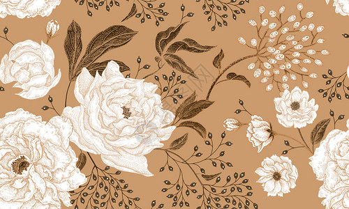 花卉复古无缝图案牡丹和浆果白色和东方风格矢量插图艺术用于设计纺织品图片