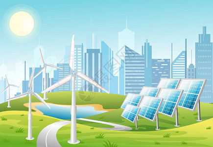 太阳板和风力涡轮机的矢量例证在的前面与绿色小山生态绿色主题平面风格中的生态能量观图片