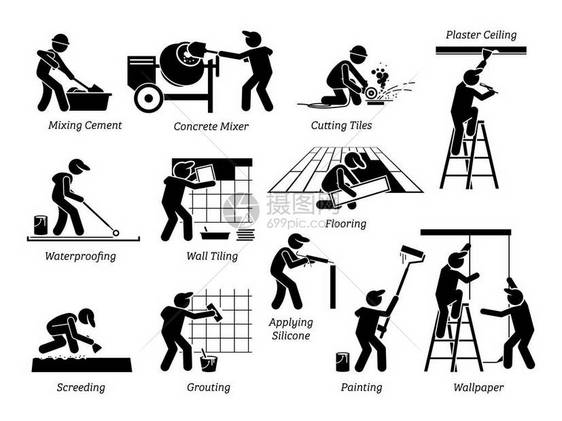 家装和房屋翻新的图标象形文字描述工人和专家翻新升级和修复建筑图片