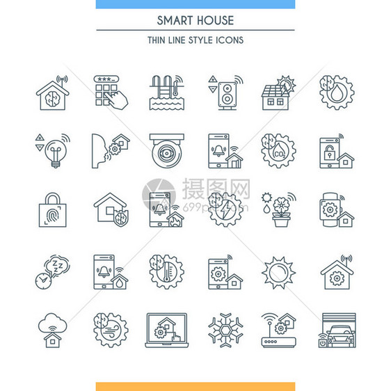 主题智能房子上的细线设计图标智能系统和技术标志家庭自动化图片