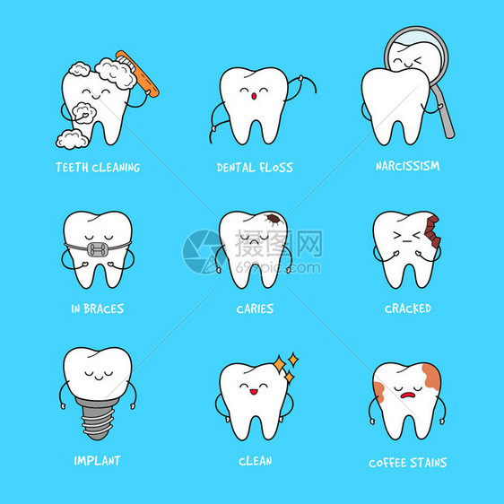 快乐的牙齿套装可爱的牙字符牙科图片