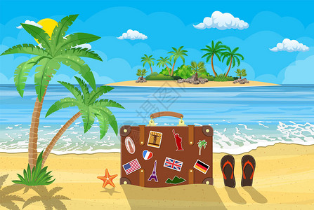 美丽的海边滩棕榈树山脉海滩手提箱海星矢量插图片