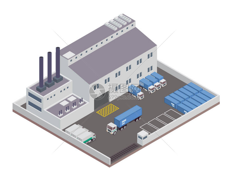 现代等距工业厂房和仓储物流大楼适用于图图表插图等图形相关资产图片