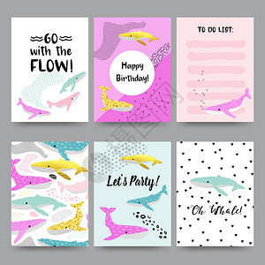 可爱的儿童卡片与鲸鱼与水下生物的生日快乐邀请模板海报装饰的幼稚海洋图片