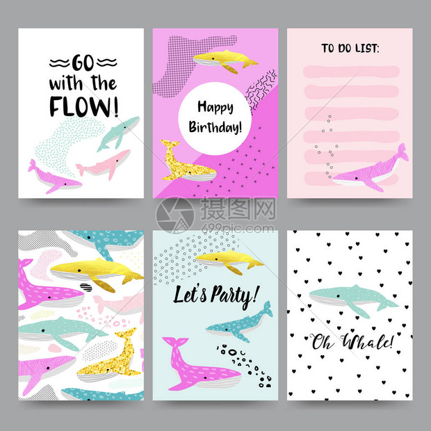 可爱的儿童卡片与鲸鱼与水下生物的生日邀请模板海报装饰的幼稚海洋图片