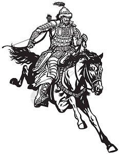 蒙古弓箭手骑着马骑马在马背上驰骋捧着弓成吉思汗中世纪时期黑白矢量插图图片