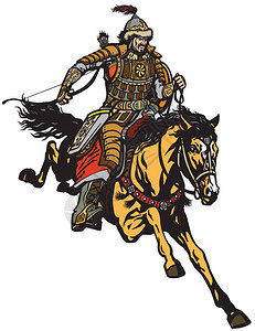 蒙古弓箭手骑着马骑马在马背上驰骋捧着弓成吉思汗中世纪时期孤立向量插图背景图片