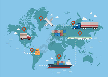 全球物流网络一套货运卡车喷气式海上运输和火车图片