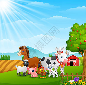 日光下快乐农场动物的矢量图解图片