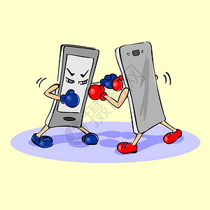 卡通插图两面手机拳击手套不同品牌手机的斗争理念图片