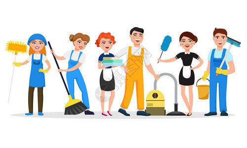 清洁服务人员微笑着孤立在白色背景上的卡通人物男人和女人穿着统一的矢量插图以扁平的风格可爱开朗的女背景图片