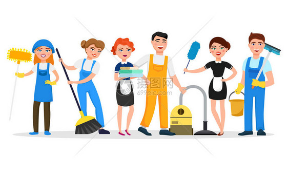清洁服务人员微笑着孤立在白色背景上的卡通人物男人和女人穿着统一的矢量插图以扁平的风格可爱开朗的女图片