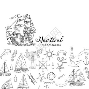 与帆船和轮子海马海豚和海结的航海背景夏季假期的手绘元素旅行马林和图片
