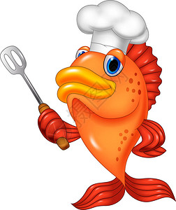 拿着锅铲的厨师鱼卡通图片