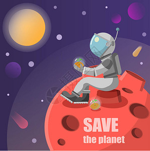 拯救行星宇航员坐在一个红色的星球看着他手中的绿色植物矢量插图图片