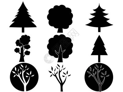 矢量手绘制了9个不同的树影装饰模板儿图片