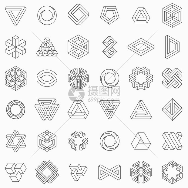 一组几何元素不可能的形状孤立在白色线设计矢量插图图片