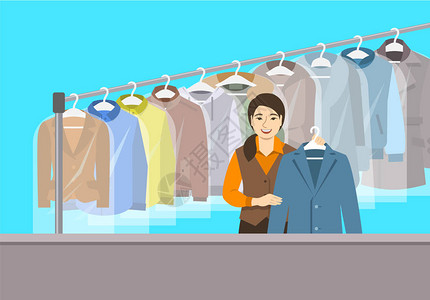 干洗店内饰亚洲女孩站在接待柜台并持有干净的夹克挂着干净衣服的架子矢量平面图纺织清洁服务的概念背景图片